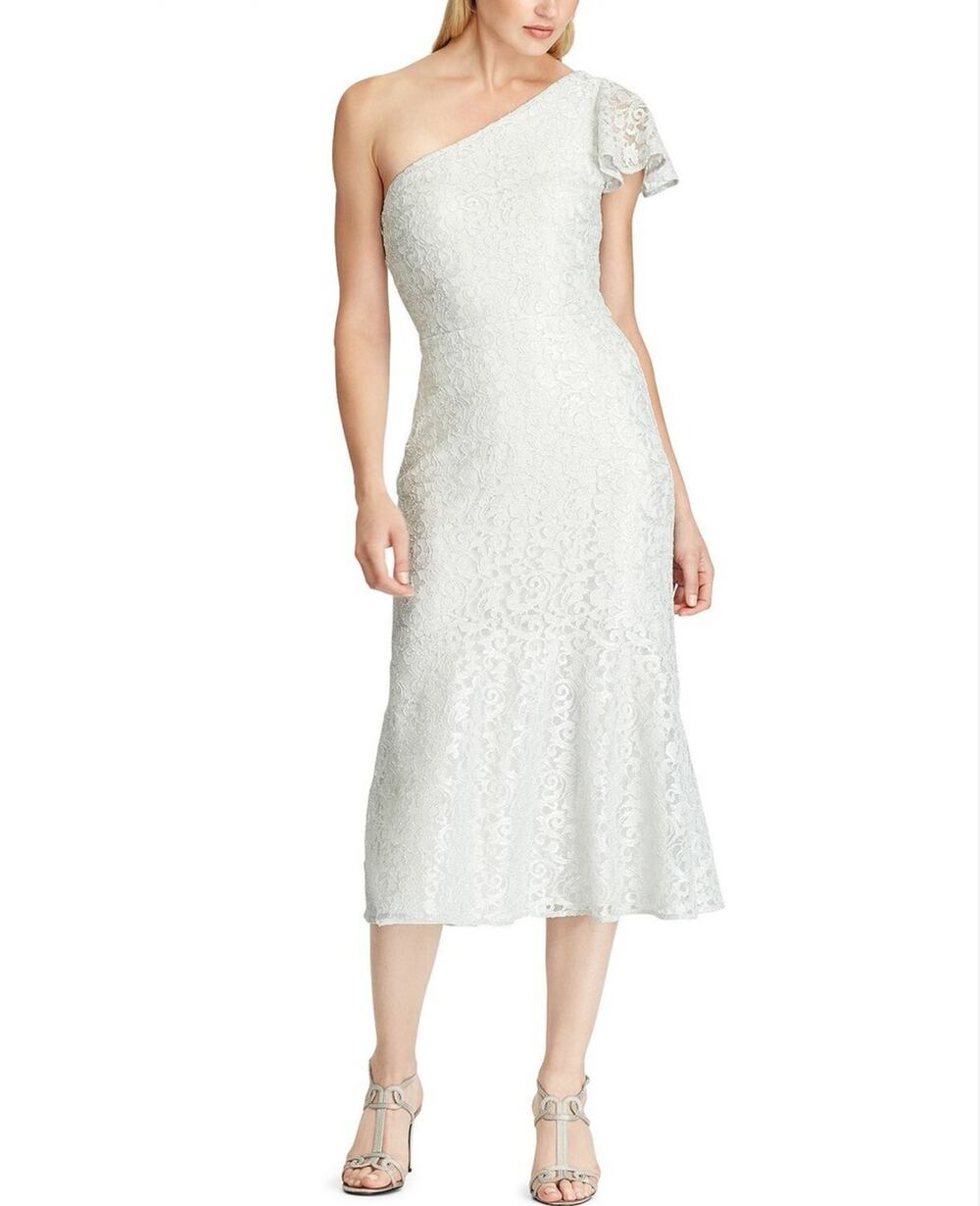 Ralph Lauren Silver Cocktail Dress Metallic Floral Lace One Shoulder Midi Size 8